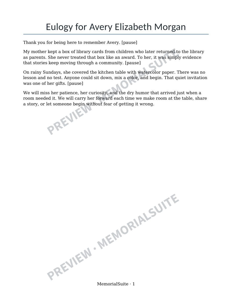 Watermarked fictional Eulogy and delivery notes page 1