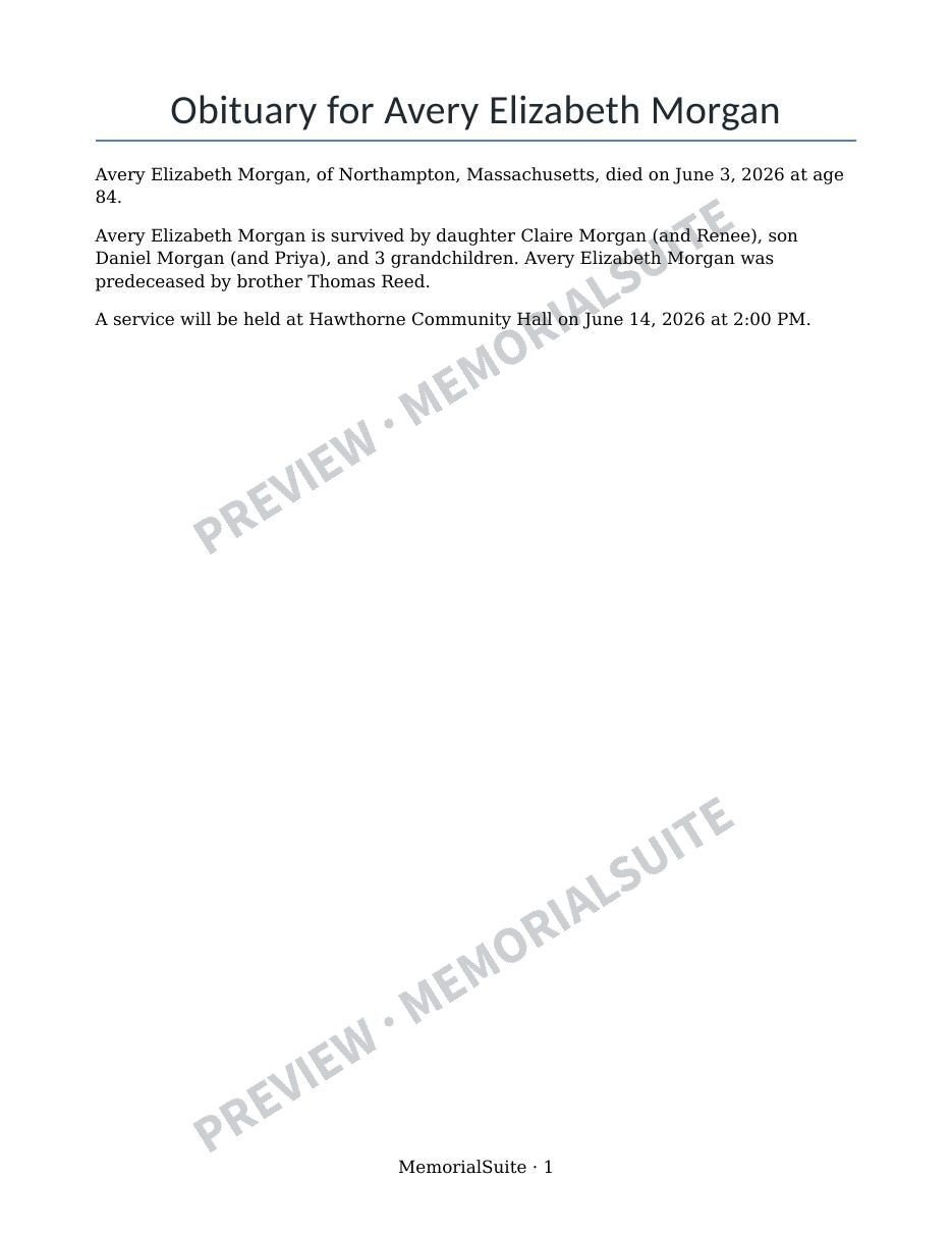 Watermarked fictional Newspaper obituary page 1