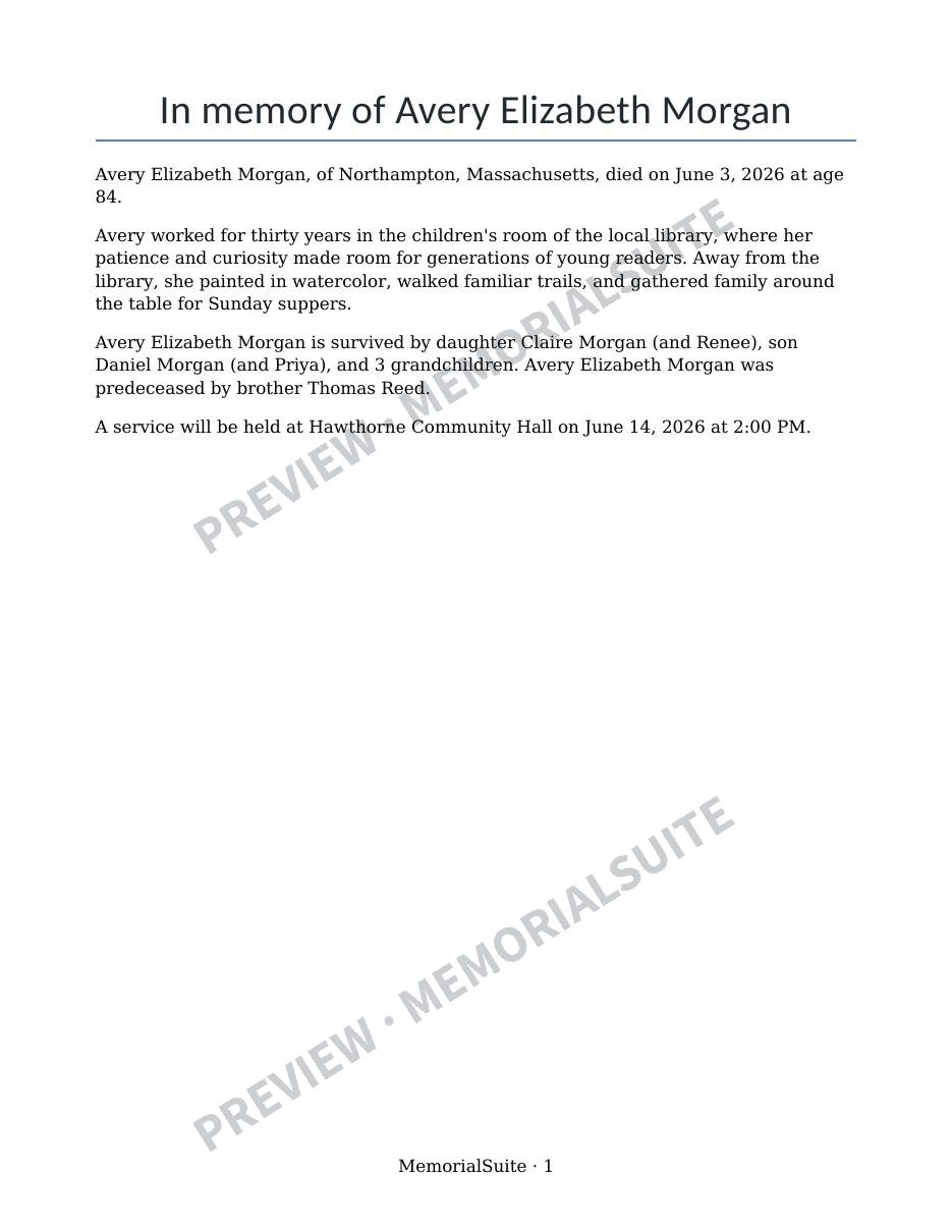 Watermarked fictional Full web obituary page 1