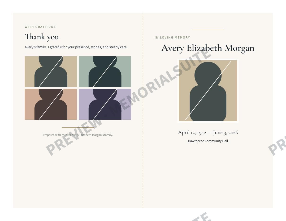 Fictional imposed duplex funeral program sample